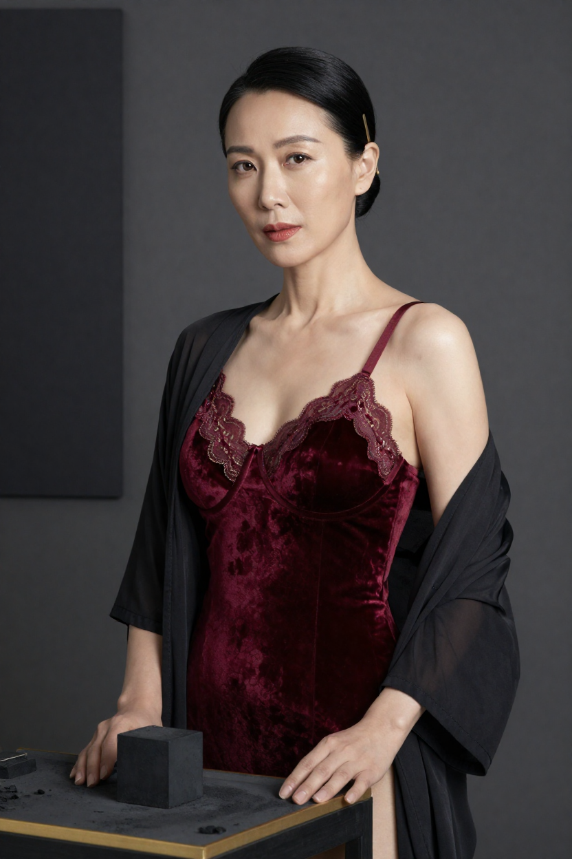 Fictional 43-year-old woman, black hair in a sleek low bun fastened with a plain gold clasp,