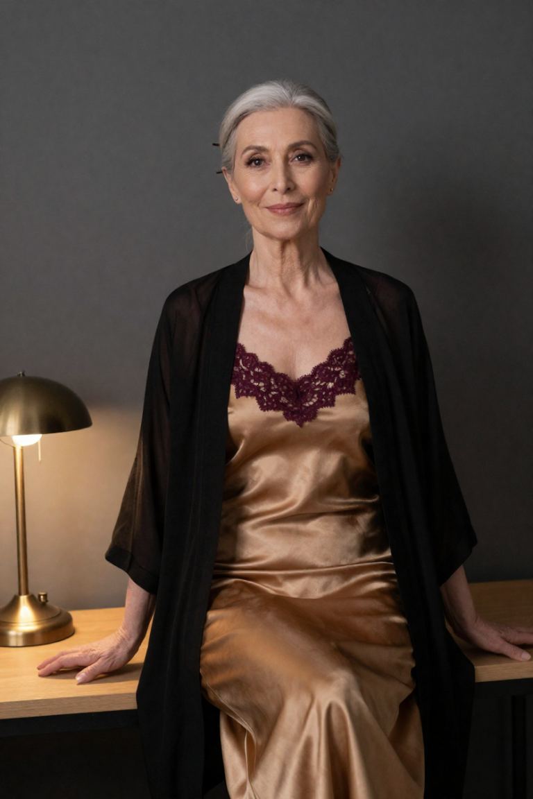 FuliHengXiang muse in antique gold satin slip dress beside the brass lamp
